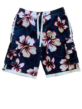 Pacific & Co. Miami Men's Navy Floral Swim Trunks with White & Red Accents